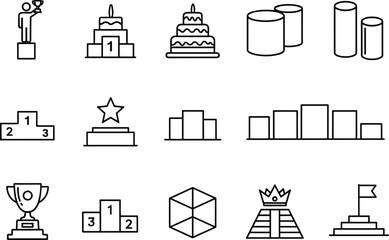 Podium icons set, award ceremony, trophy, winners podium, ranking steps, first place, medal platform, celebration success line icons