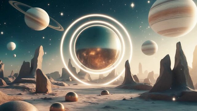 Surreal alien landscape with glowing ringed planet and striped gas giants over rocky desert