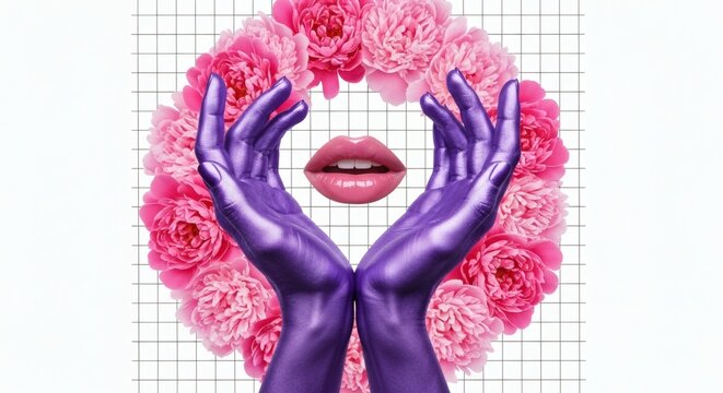 Blooming Desire Painted hands cradle lips in floral dreamscape.
