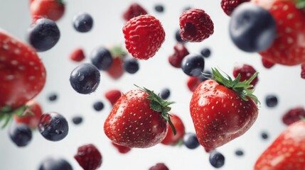 burst of summer berries in slow motion, strawberries, blueberries, and raspberries flying, juicy textures captured midair, bright white background