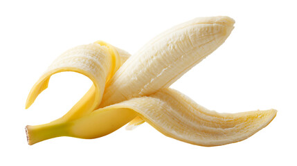 A partially peeled ripe banana isolated on a transparent background