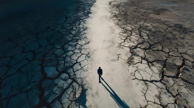 A lone figure walks a narrow white path between dark blue water on the left and cracked dry earth on the right.