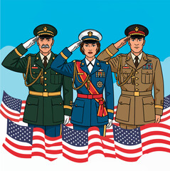 USA Veterans Day patriotic soldiers saluting vector illustration with United States national flag.