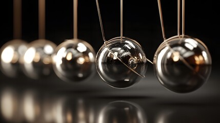 Row of polished metallic spheres suspended by thin wires demonstrate principles of motion