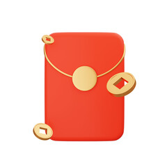 3D Rendering chinese new year decoration, Red Envelope with Coins 3D