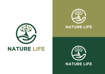 Nature logo vector design with combination of hands, line art of tree and human or person inside green tree design, abstract tree logo symbol with combination of human design with supporting hands ins