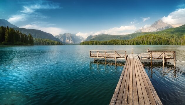lake pier extending over water toward distant hills tranquil vacation backdrop