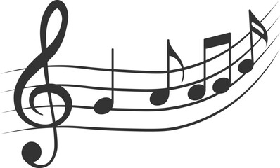 Clean and elegant composition of a treble clef and ascending musical notes in minimalist black and white on a transparent background