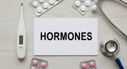 Hormones Balance Medical Wellness concept with thermometer  pills.