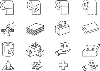 Toilet paper and tissue icons, hygiene napkin and disposable wipes symbols, bathroom supplies line art, eco cleaning paper illustrations