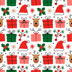 Cute Seamless Christmas Pattern with Gifts, Reindeer, Holly, and Santa Hats