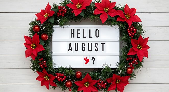 Hello august lightbox sign surrounded by a festive poinsettia and berry wreath