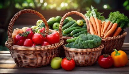 fresh produce in wicker baskets healthy food apples carrots cucumbers peppers tomatoes