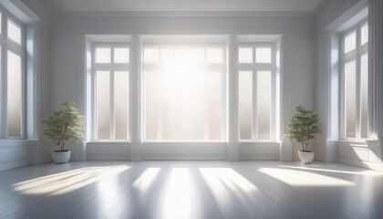 Fototapeta premium a pristine empty white room sunlight streaming through a large window highlighting dust motes in the air perfect for minimalist clean or new beginnings concepts solitude new