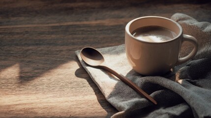 coffee cup with spoon and napkin, wooden table, minimalistic, soft warm light, textured background, cozy and inviting, clean composition, modern