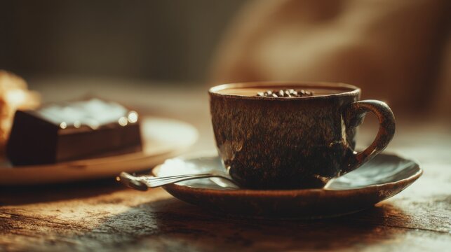 coffee cup with dessert on a rustic table, soft warm light, aromatic, cozy atmosphere, cinematic composition, chocolate cake or croissant nearby - Powered by Adobe