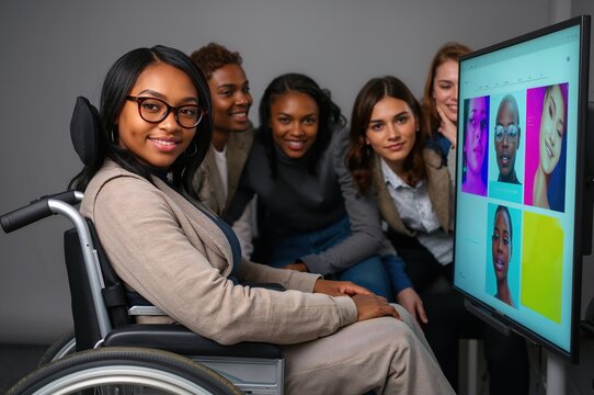 Young designer in sleek wheelchair presents vibrant visuals to engaged diverse creative team