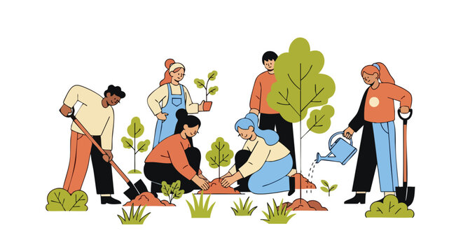 A diverse group of volunteers plant trees and nurture saplings in a vibrant, illustrated scene, contributing to environmental conservation and community engagement.