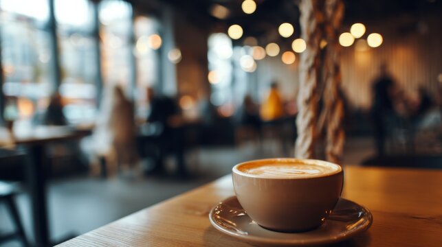 coffee, latte on a table in a busy , warm ambient light, blurred background with people, modern interior, wooden furniture, aromatic, cozy