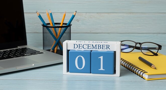 Desktop setup with laptop, glasses, notebook and december 1st calendar