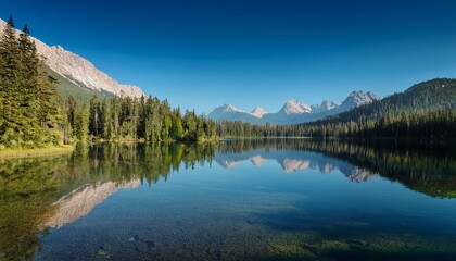 Fototapeta premium tranquil lake with clear water reflecting mountains and pine trees under clear sky