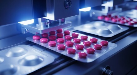 Pharmaceutical precision Pink pills on automated production line.