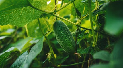 cucumber growing on vine in garden, lush green leaves, natural sunlight, fresh and ripe, realistic texture, inviting, tropical garden atmosphere
