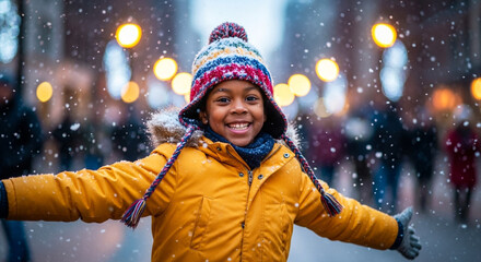 Laughing child spinning in snow under Christmas lights, winter holiday joy and celebration