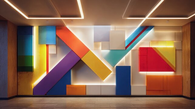 decorative wall with colorful geometric panels, integrated LED strip lighting highlighting shapes, modern artistic interior