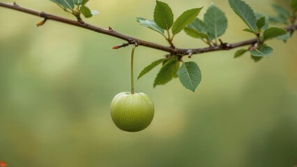 A green apple hanging from a branch with green leaves, against a blurred natural background.