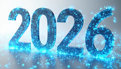 Three-dimensional numbers 2026 with glowing blue particles