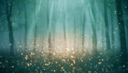 Magical Forest Background with Glowing Dust and Light Rays　光の筋が差し込む幻想的な森の奥深くで、金色に輝く粒子が漂っている神秘的な背景画像