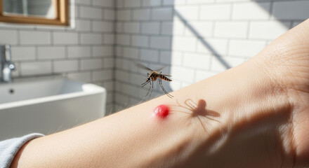 Obraz premium Insect bite on wrist with red bump and mosquito hovering, skin irritation and pest awareness