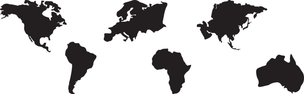 World Continent Map Silhouettes Vector Set