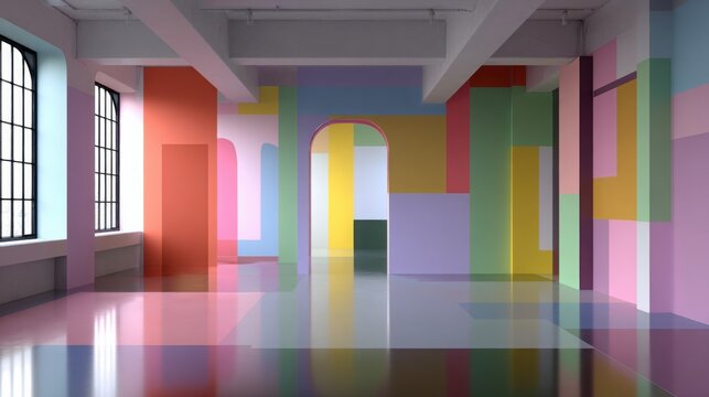empty creative studio with bold multi colored walls, abstract geometric patterns, glossy floor, open space with soft diffused lighting