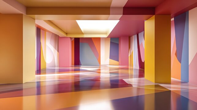 empty creative studio with bold multi colored walls, abstract geometric patterns, glossy floor, open space with soft diffused lighting - Powered by Adobe