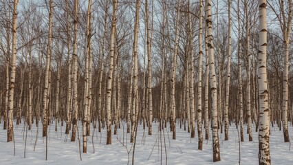 Snow-covered forest of birch trees in winter. Nature and landscape scene. Cold season. Tree trunks and sparse branches. Winter environment and tranquility.