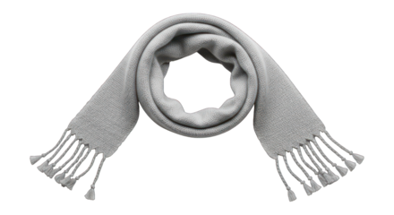 Looped, gray scarf with tassels, spread out on a black background
