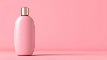 Elegant pink bottle with golden cap on matching background, perfect for cosmetic product presentation