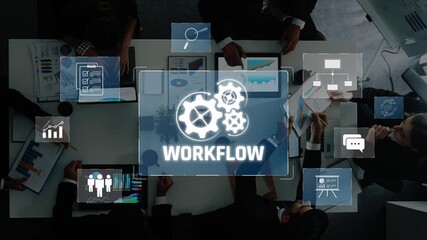 A diverse team engages in a collaborative meeting, utilizing workflow graphics and data analysis tools to enhance productivity and streamline processes. Raster - Powered by Adobe