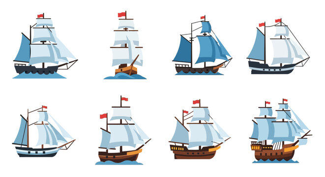 Set of vintage sailing ships and galleons vector illustrations.