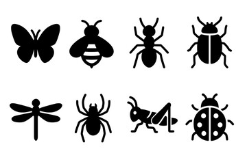 Set of Black Insect Icons Including Butterfly Bee Ant Ladybug Dragonfly Spider Grasshopper and Beetle on White Background