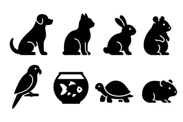 Collection Of Pet Animal Silhouettes Including Dog Cat Rabbit Hamster Parrot Fish Turtle And Guinea Pig On White Background Simple Vector Graphics