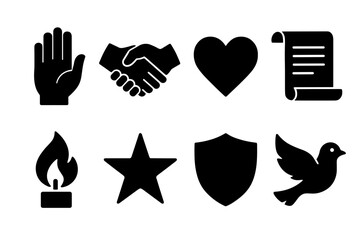 Set of eight black silhouette icons on a white background including a hand reaching upwards a handshake a heart a scroll a flame a star a shield and a dove representing concepts like support