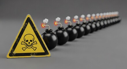 Danger Zone Row of lit bombs behind skull  crossbones warning sign.