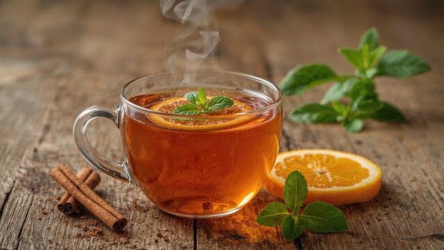Aromatic hot tea in a glass cup with lemon, mint, and cinnamon on a wooden surface. Refreshing beverage and natural ingredients. The concept of herbal tea and wellness.