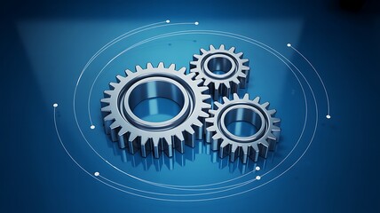 Three Interlocking Metal Gears with a Blue Circular Network and Glowing White Dots on a Blue Background