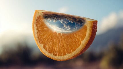 floating orange sliced in half revealing miniature planet landscape inside, surreal nature concept, bright background, cinematic lighting, detailed
