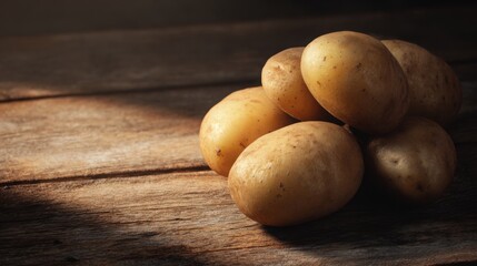fresh potatoes on wooden table, soft natural light, earthy tones, textured surface, rustic and inviting, minimalistic composition, close up