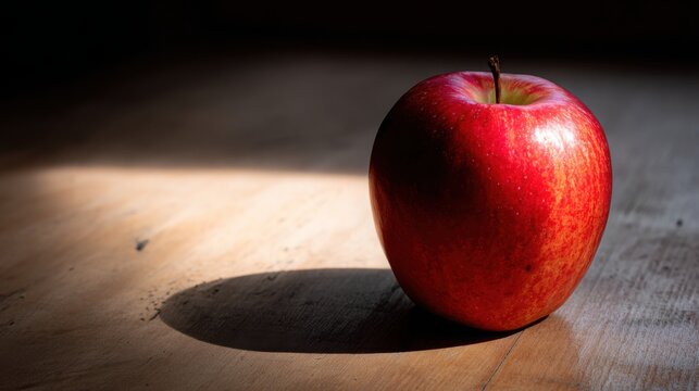 fresh red apple on wooden table, soft natural light, vibrant red color, textured surface, inviting, minimalistic composition, close up, realistic